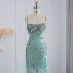 Luxury Crystal Orange Spaghetti Straps Mermaid Evening Dress