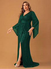 Plus Size Long Sleeve V Neck Evening Dress