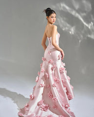 Luxury Women Pink 3D Flowers Satin Mermaid Evening Dress