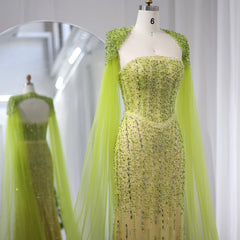 Luxury Beaded Mermaid Lime Green Evening Dress with Cape Sleeves