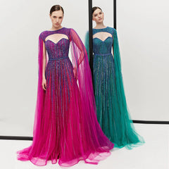 Luxury Fuchsia Tulle Evening Dress with Cape Sleeves