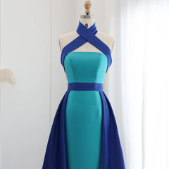 Luxury Royal Blue Criss Cross Halter Evening Dress with Overskirt