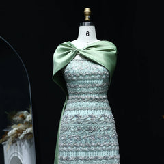 Luxury Sage Green Evening Dress with Cape