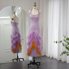 Luxury Elegant Halter Feathers Lilac Evening Dress