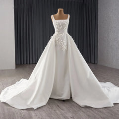 Charming Square Collar Satin A-Line Wedding Dress with Detachable Train