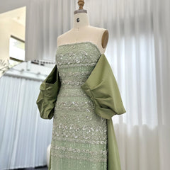 Luxury Sage Green Evening Dress with Cape