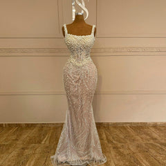 HELEN Mermaid White Nude Pearls Evening Dress