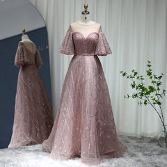 Luxury Flare Sleeve Pink Evening Dress