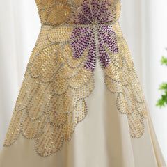 Luxury Beaded Butterfly Sweetheart Satin Beige Evening Dress