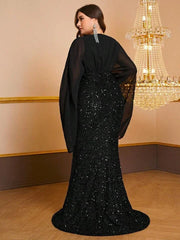 Plus Size Chiffon Long-Sleeve Sequined Fishtail Evening Dress