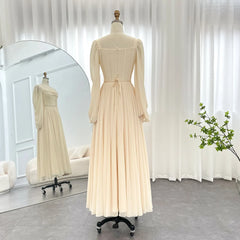 Long Sleeves Tea Length Beige Midi Evening Dress with Belt