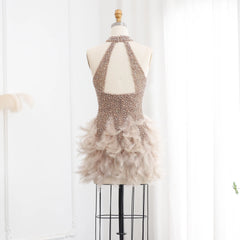 HELEN Luxury Feathers & Pearls Nude Short Cocktail Party Dress