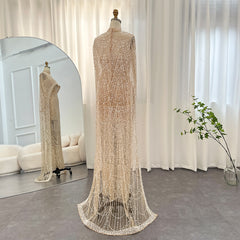 Luxury Pearls Champagne Mermaid Wedding Evening Dress with Cape