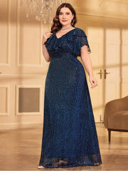 Plus Size V-Neck Blue Polka Dot  Sparkling Evening Dress