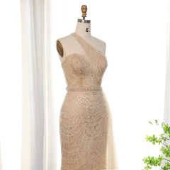 Luxury Nude One Shoulder Mermaid Evening Dress with Overskirt
