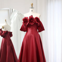Luxury 3D Flowers Burgundy Satin Off-Shoulder Evening Dress