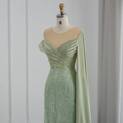 Luxury Sage Green Mermaid Evening Dress with Cape Sleeve