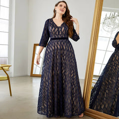 Plus Size Lace V Neck Embroidery Long Sleeve Evening Dress