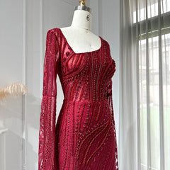 Luxury Long Sleeve Burgundy Mermaid Evening Dress