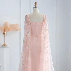 Luxury Pink 3D Flowers Evening Dress with Cape Sleeve