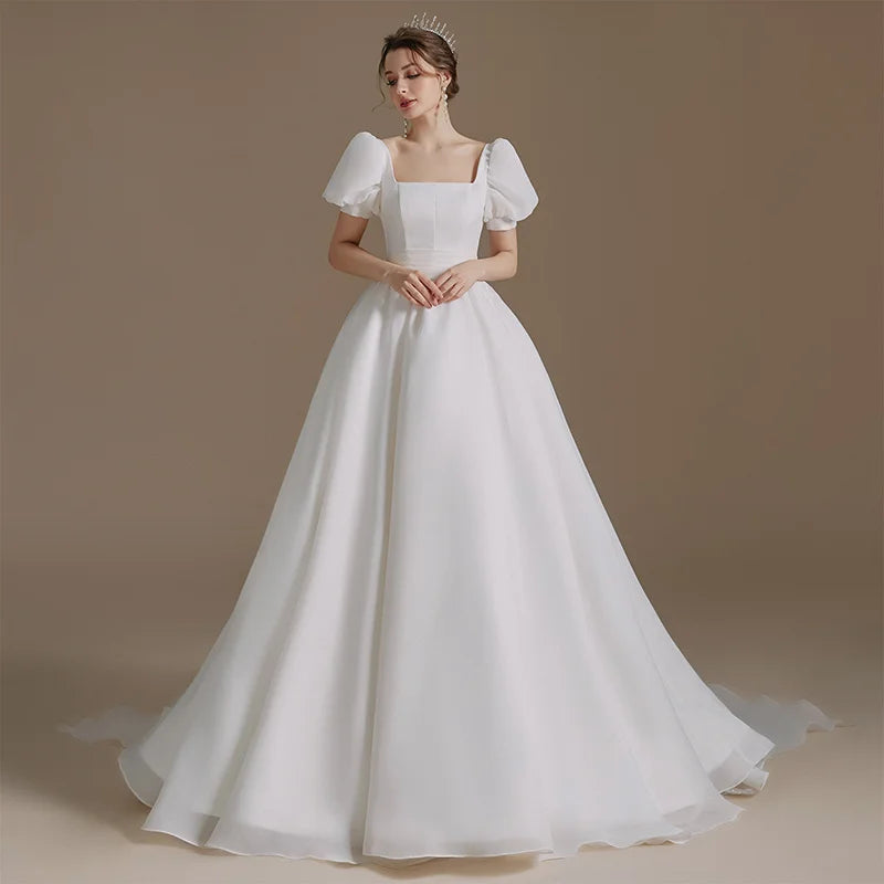 Elegant Short Sleeve Puff Sleeve Wedding Dress with Sashes