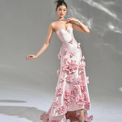 Luxury Beaded Flowers Mermaid Pink Satin Evening Dress