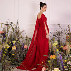 Luxury Elegant Red Chiffon Evening Dresses with Cape Sleeves