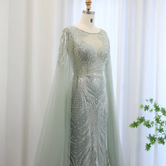 Luxury Exquisite Sage Green Evening Dress with Cape Sleeves