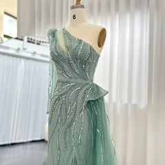 Luxury One Shoulder Sage Green Evening Dress with Overskirt