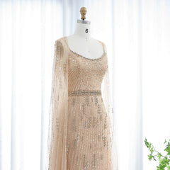 Luxury Exquisite Champagne Tulle Mermaid Evening Dress with Cape