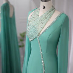 Luxury Turquoise Green Chiffon Evening Dress with Cape Sleeves