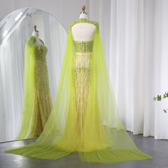 Luxury Beaded Mermaid Lime Green Evening Dress with Cape Sleeves