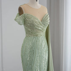 Luxury Sage Green Mermaid Evening Dress with Cape Sleeve