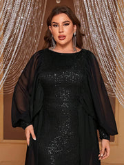 Plus Size Long-Sleeved Chiffon Sequined Evening Gown