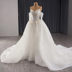 Women’s Royal Lace Beaded Ball Gown Wedding Dress with Detachable Sleeves