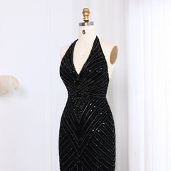 HELEN Luxury Beaded Halter Open Back Mermaid Black Evening Dress