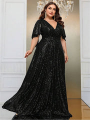 Plus Size Sequined Short-Sleeved Loose Evening Dress