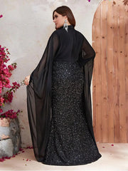Plus Size Long Cape Sleeves Sparkling Beaded Evening Dress