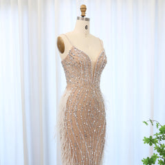 Luxury Feather White Nude Mermaid Evening Dress with Necklace