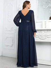 Plus Size V-Neck Sequined Chiffon Long-Sleeved Evening Dress