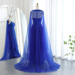 Luxury Royal Blue Mermaid Evening Dress with Cape