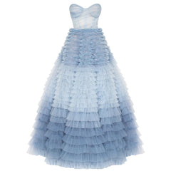 Luxury Blue Ombre Tiered Ruffles Evening Dress