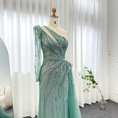 Luxury One Shoulder Sage Green Evening Dress with Overskirt