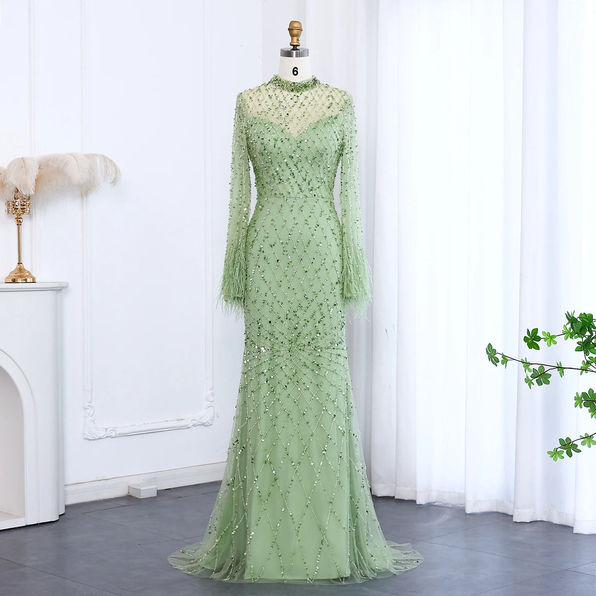 Luxury Beaded Feathers Sage Green Evening Dress