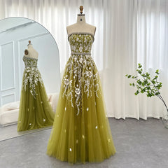 Luxury Strapless Olive Green Evening Dress for Women