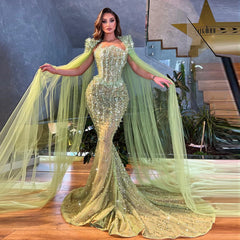 Luxury Beaded Mermaid Lime Green Evening Dress with Cape Sleeves