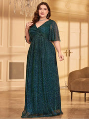 Plus Size V-Neck Green Polka Dot Evening Dress