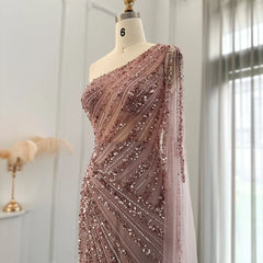 Luxury Pink One Shoulder Mermaid Evening Dress with Cape Sleeves