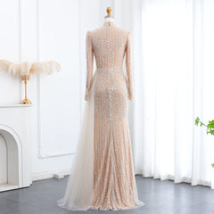 HELEN Luxury Beaded Nude Tulle Evening Dress