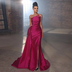 Luxury Elegant Long Fuchsia Overskirt Side Slit Evening Dress